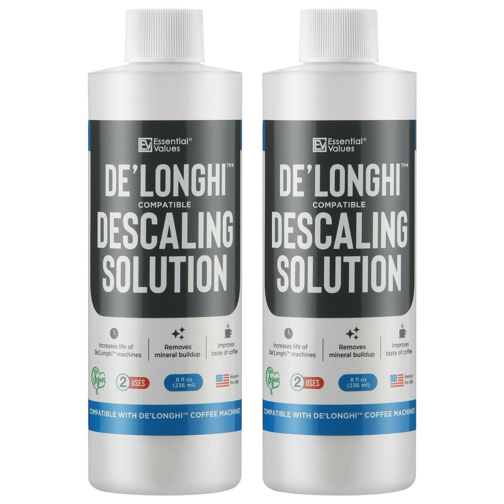 Two white descaling solution bottles with caps, De’Longhi compatible