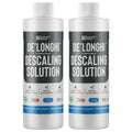 Two white descaling solution bottles with caps, De’Longhi compatible