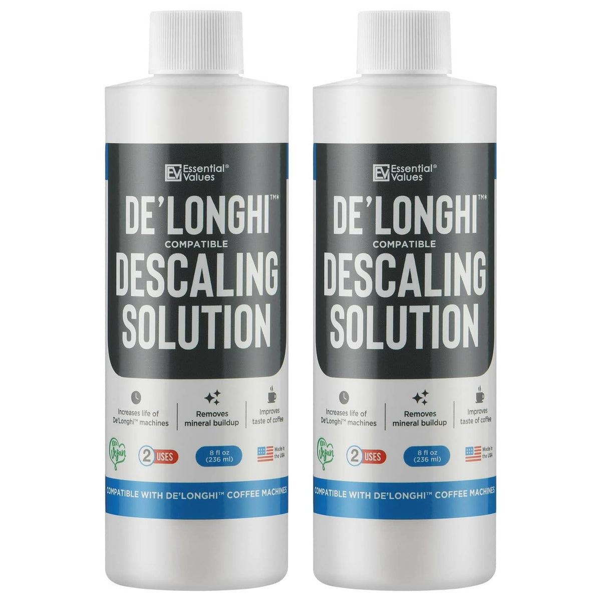 Two white descaling solution bottles with caps, De’Longhi compatible