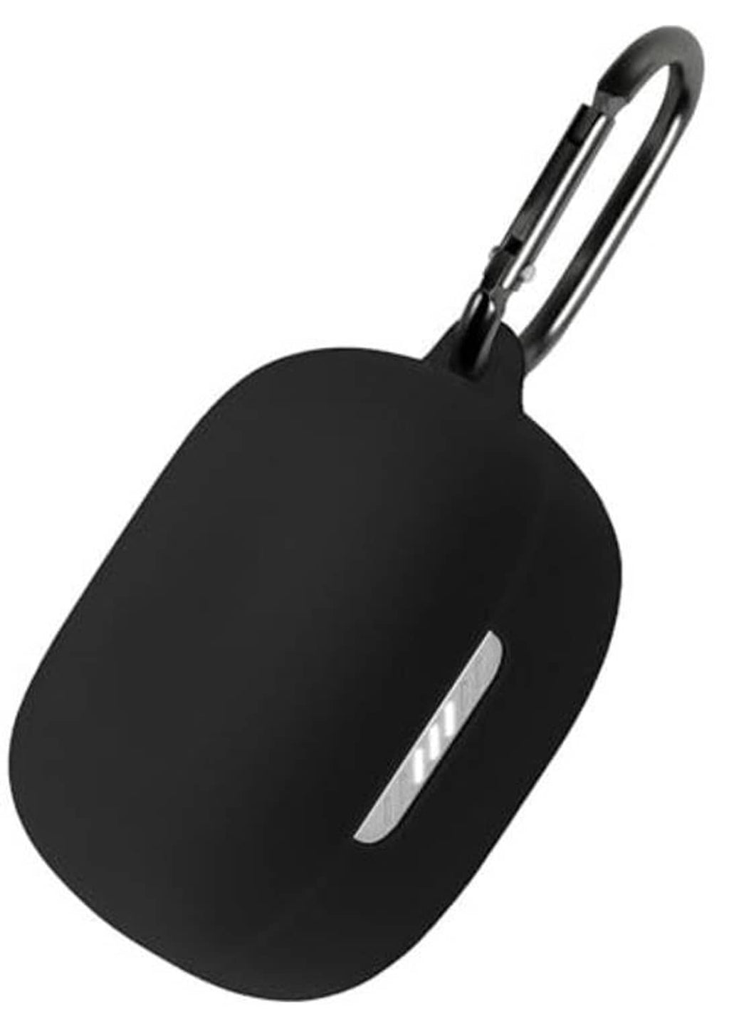 Black silicone earbud case with carabiner loop, side cut-out window