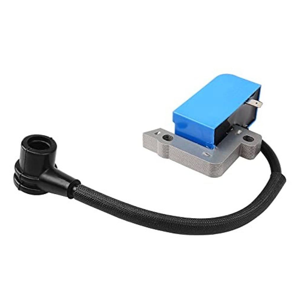 Ignition coil module with blue housing and black wire lead with rubber boot