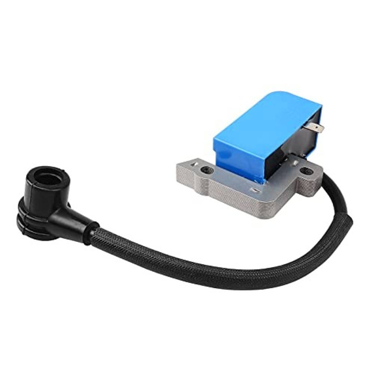 Ignition coil module with blue housing and black wire lead with rubber boot