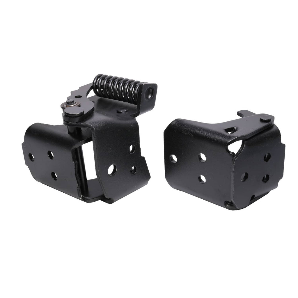 Black steel door hinges with pivot hardware and drilled mounting plates, driver side set