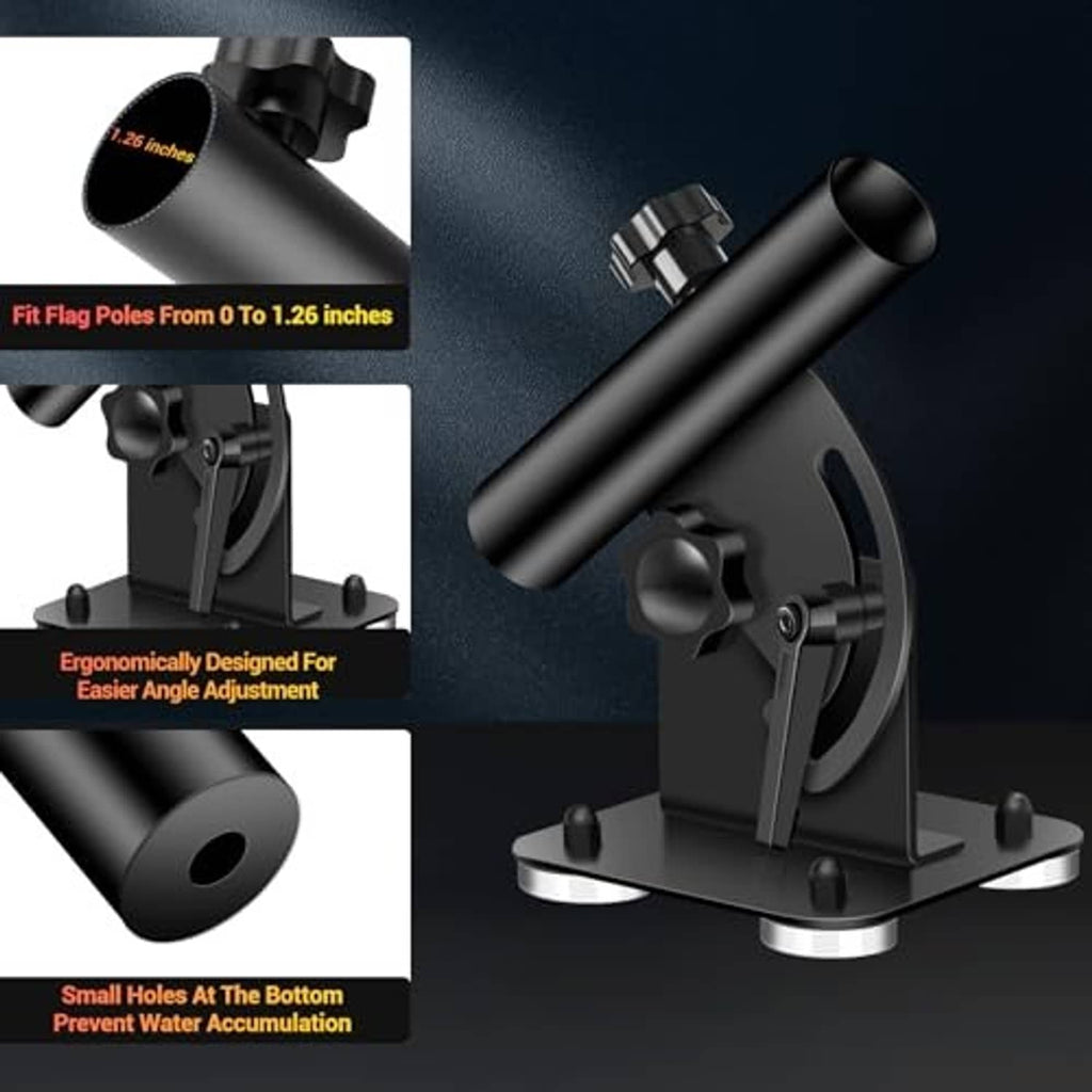 Black magnetic RV flag pole holder with base, angle joint, and cylindrical post