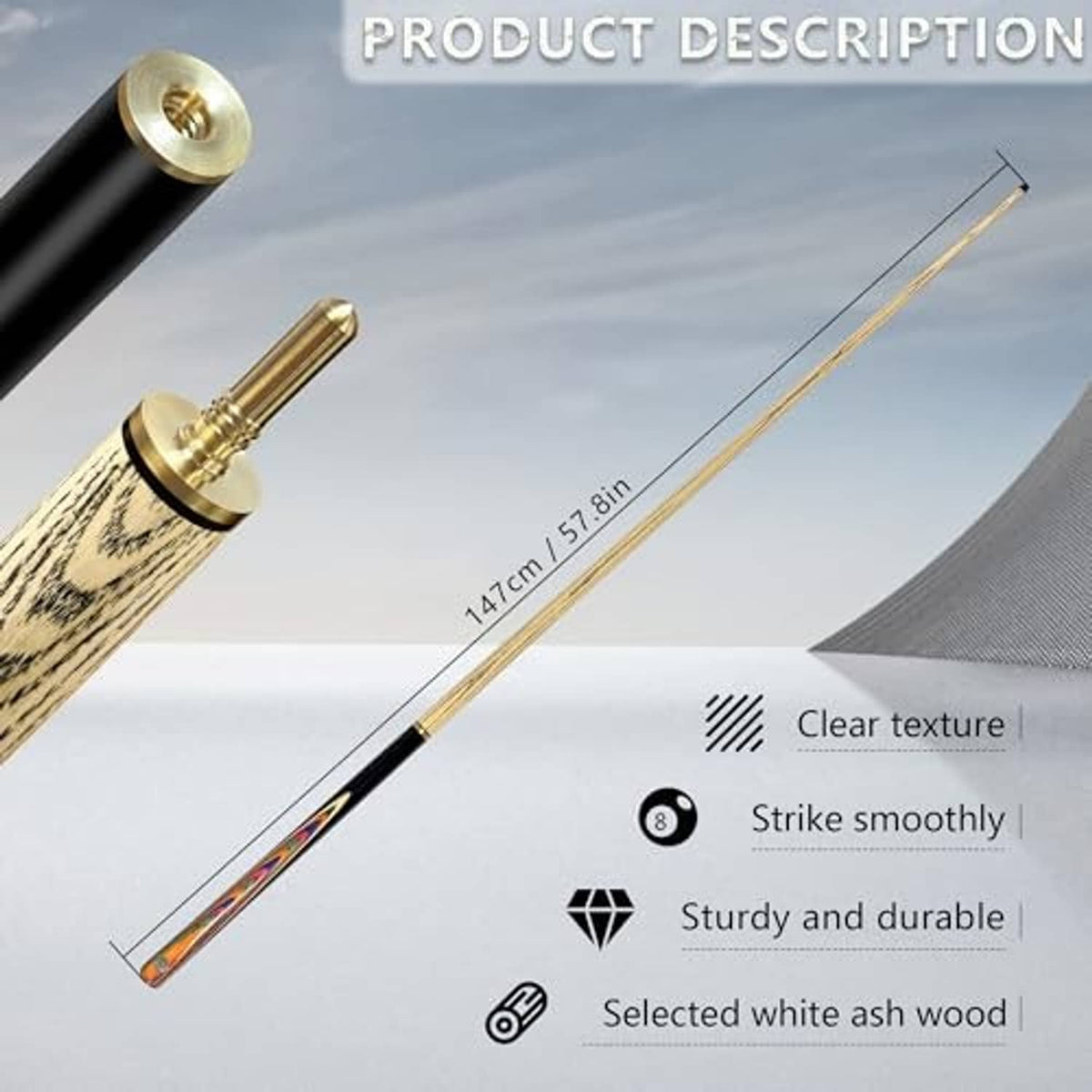 Billiard cue with gold ferrule and black handle with colorful inlay strip
