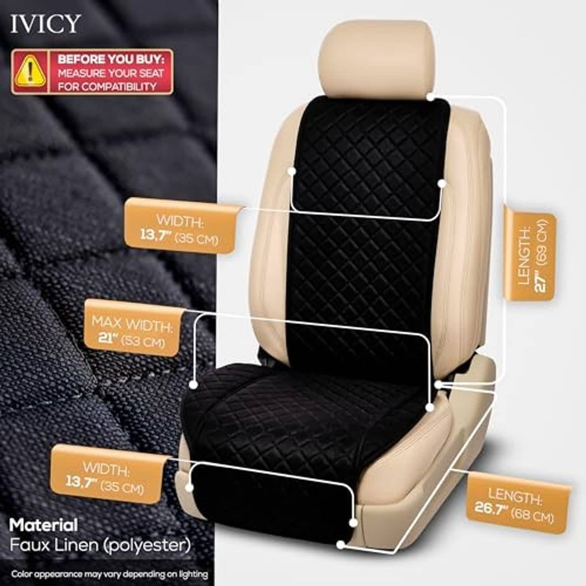 Black quilted faux linen seat cover on a beige front car seat, front portion view