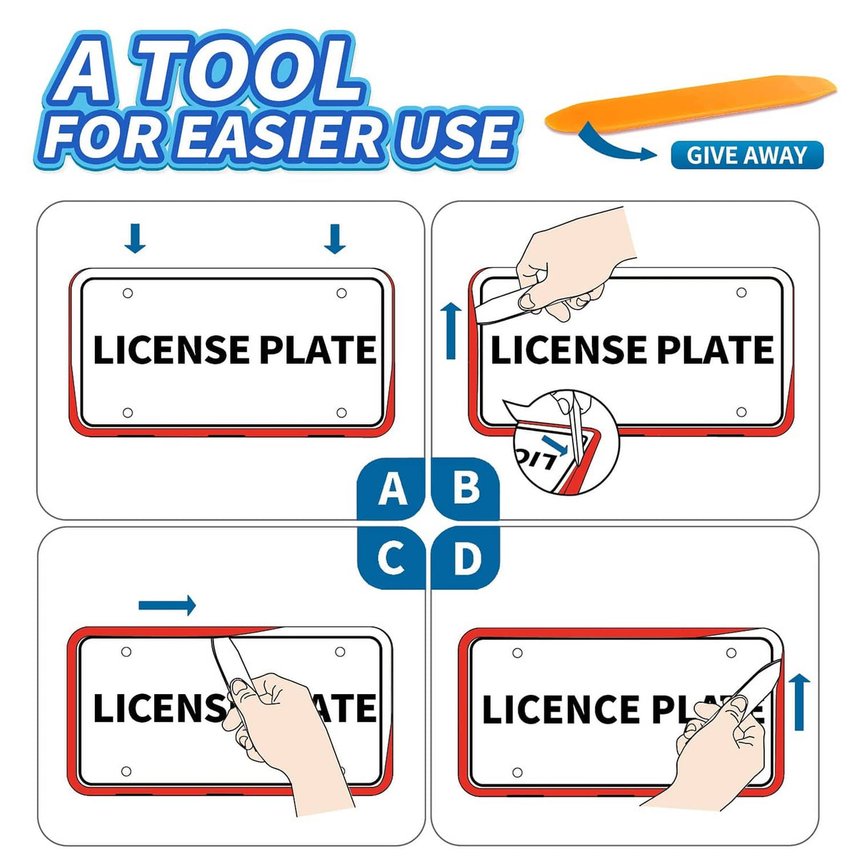 Silicone license plate frame installation tool with numbered guide panels