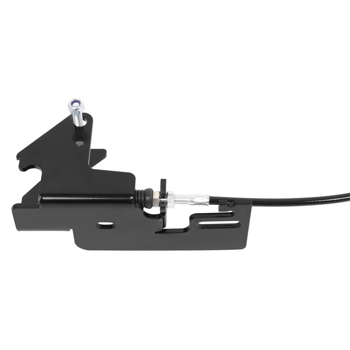 Black chute blocker latch assembly with lever arm and pin-style mounting hardware