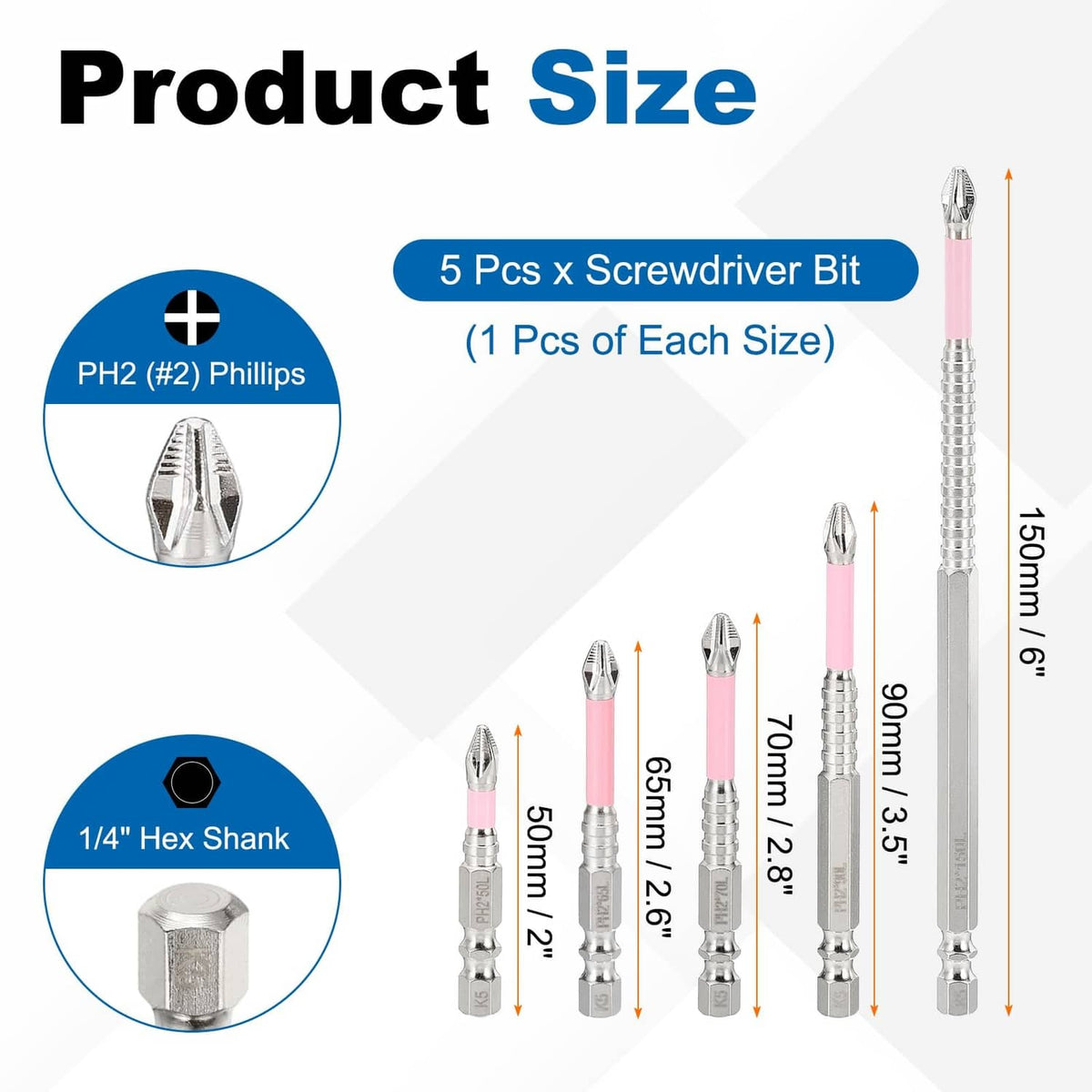 Set of five PH2 Phillips impact screwdriver bits in pink with shown lengths and hex shanks