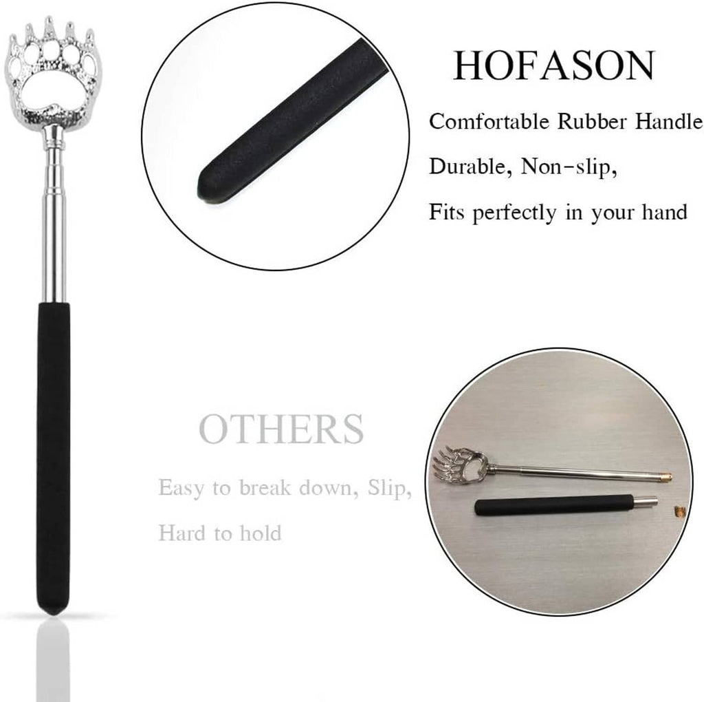 Telescoping back scratcher with silver paw head and comfortable black rubber handle