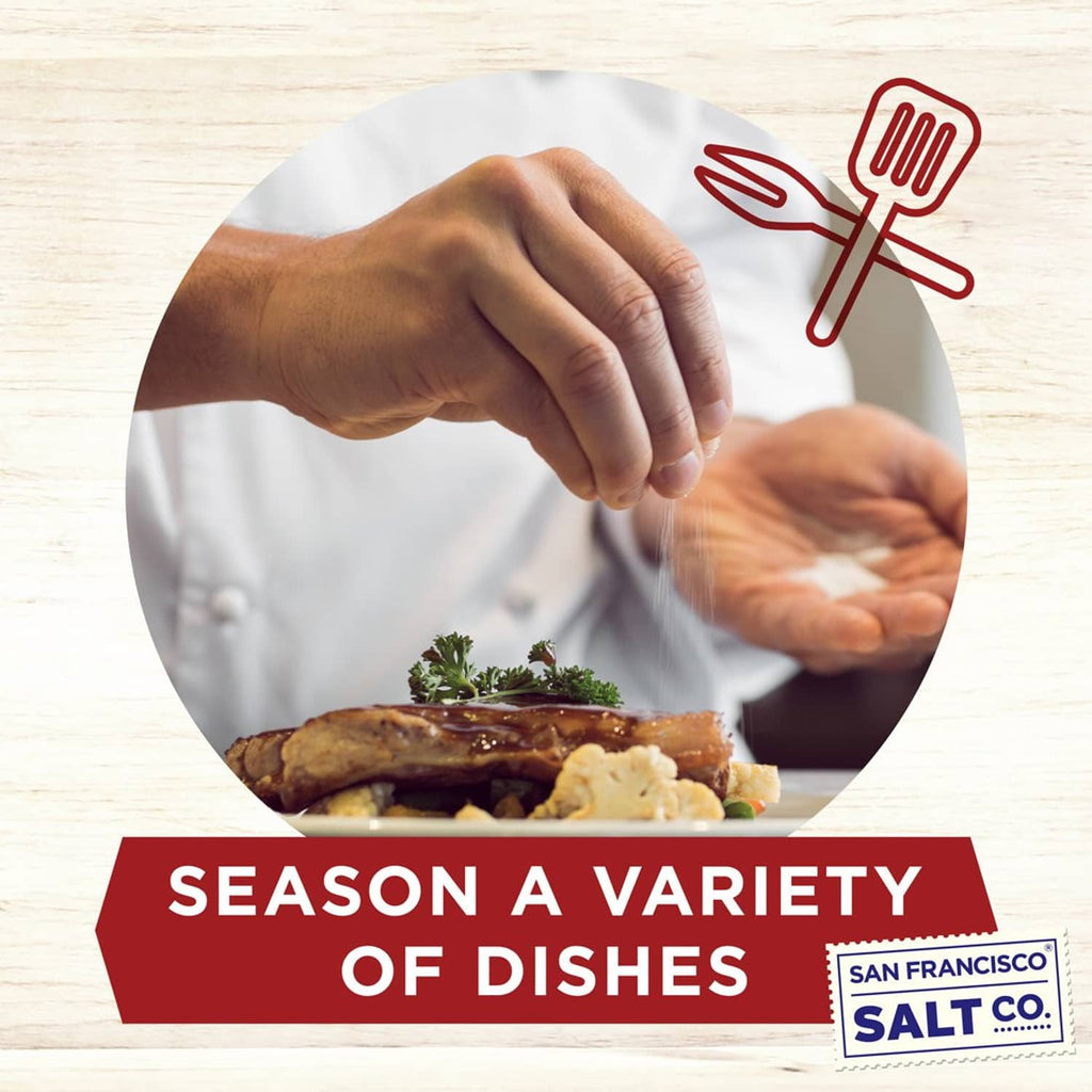 Fine grain cherrywood smoked sea salt seasoning sprinkled over cooked food