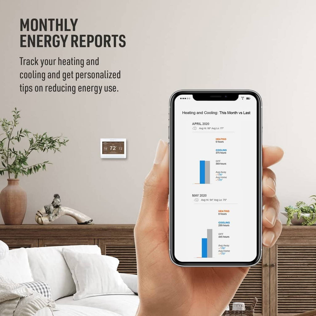 Smart color thermostat with smartphone showing monthly energy reports and heating/cooling charts.