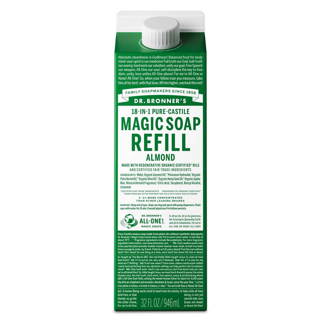 Green Dr. Bronner’s Magic Soap refill bottle, 32 fl oz, white cap