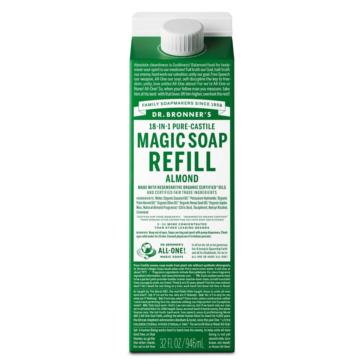 Green Dr. Bronner’s Magic Soap refill bottle, 32 fl oz, white cap