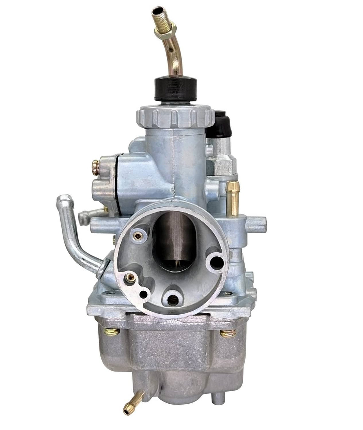 Carburetor with large round throttle bore, side fittings, and hose connections