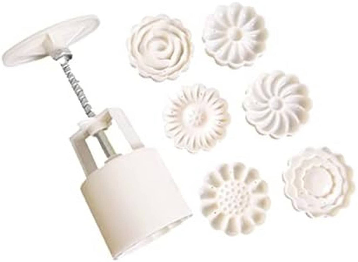 White moon cake mould press tool with multiple flower-shaped cavity molds