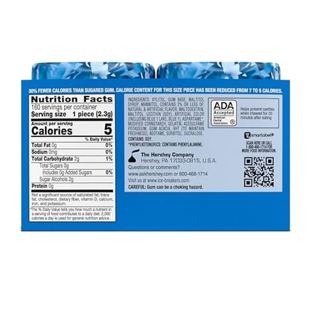 Peppermint sugar-free chewing gum bottles, back label with ingredients and nutrition facts