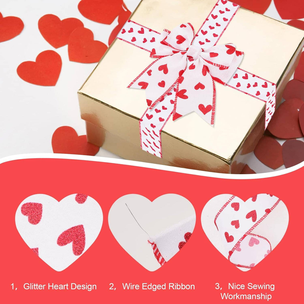 Red-and-white heart-pattern wired ribbon tied on gift boxes with bow