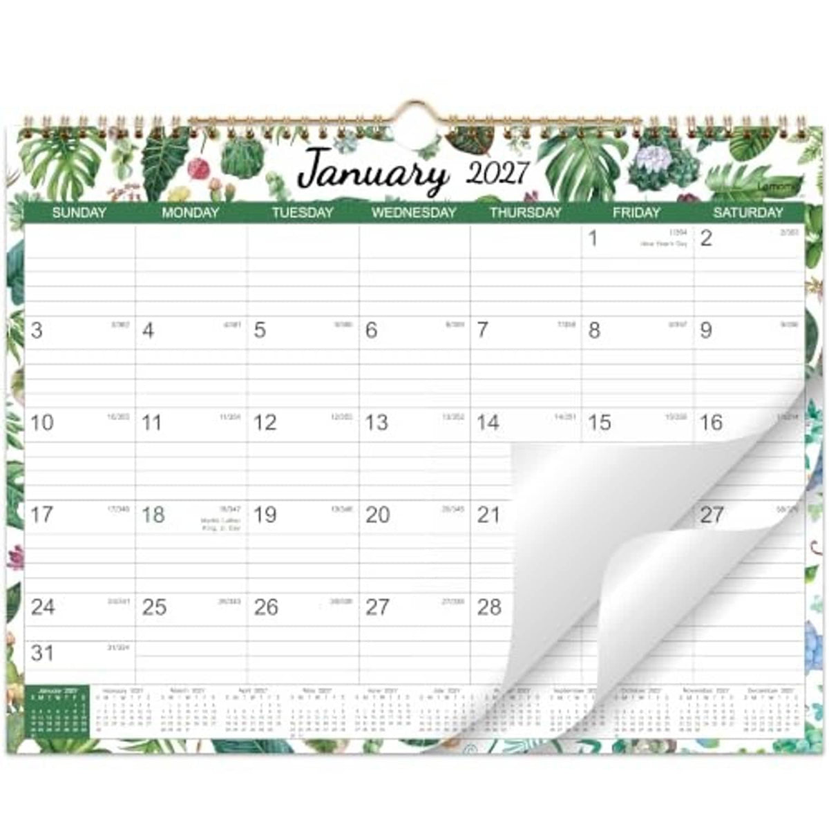 Wall calendar open to January 2027 showing monthly date grid and perforated pages