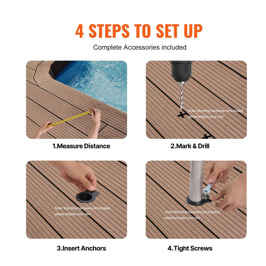 Pool ladder handrail setup steps diagram with mounting and screw/anchor instructions