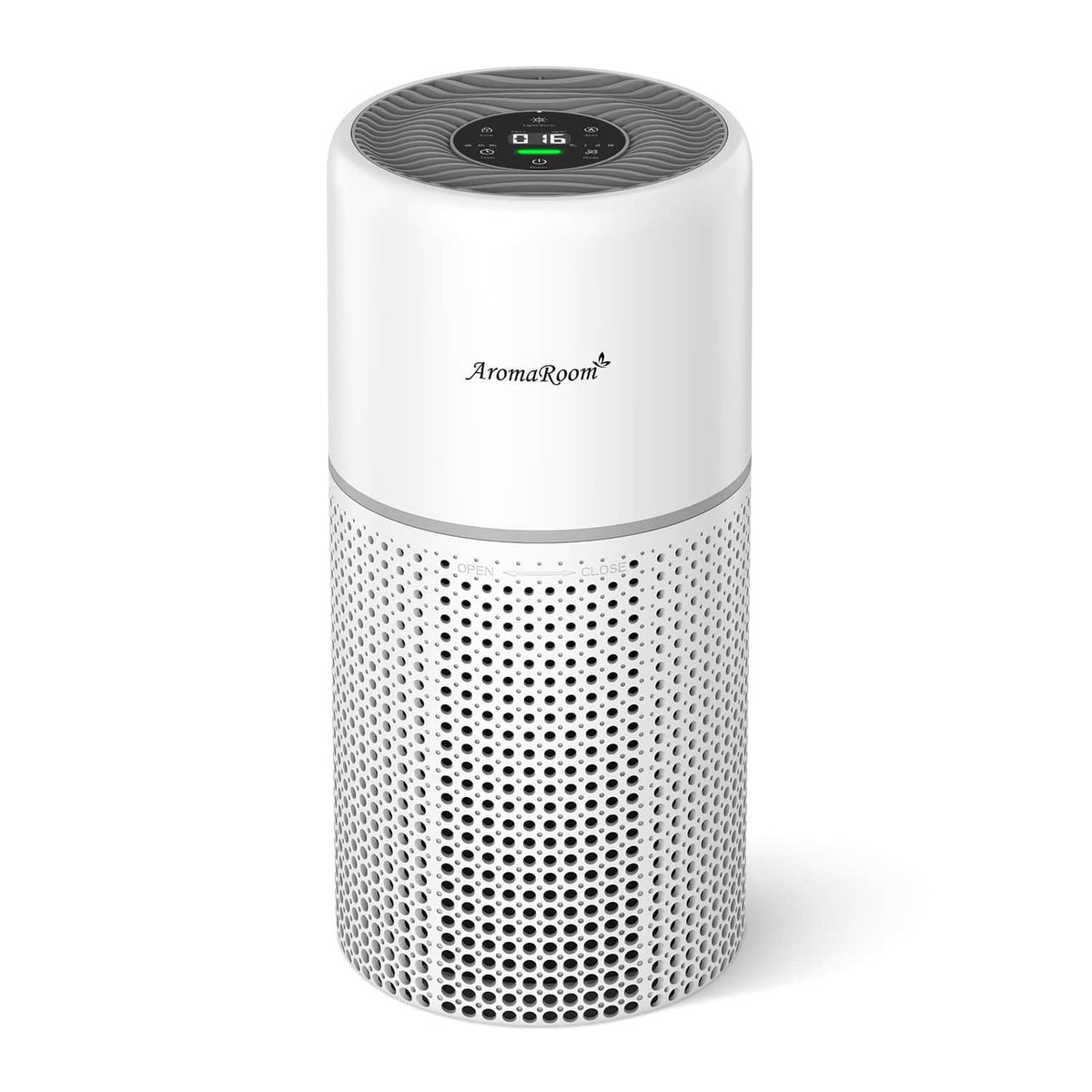 Front view of white cylindrical air purifier with perforated intake and control display