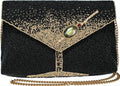 Black beaded evening clutch with gold geometric flap, oval gem clasp, and chain strap