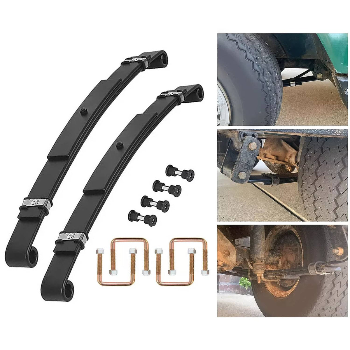 Rear leaf spring set of 2, black steel with mounting hardware and U-bolts
