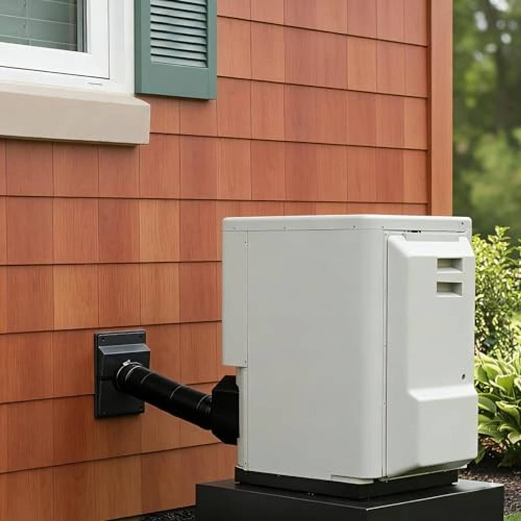 White HVAC wall line cover with black inlet pipe connected to an outdoor unit