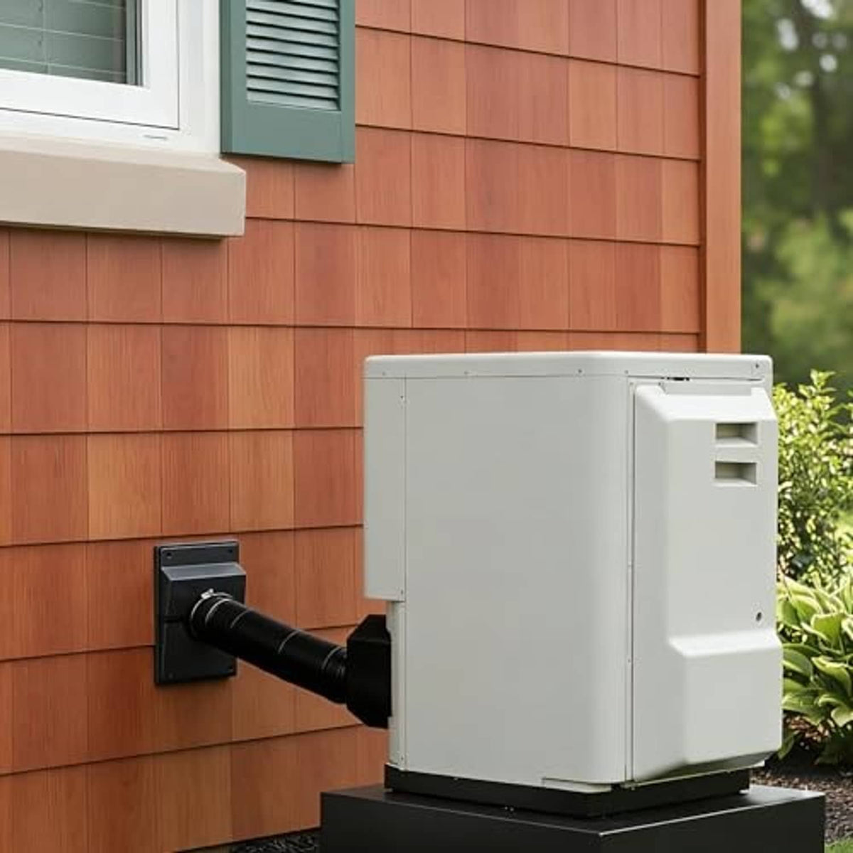 White HVAC wall line cover with black inlet pipe connected to an outdoor unit