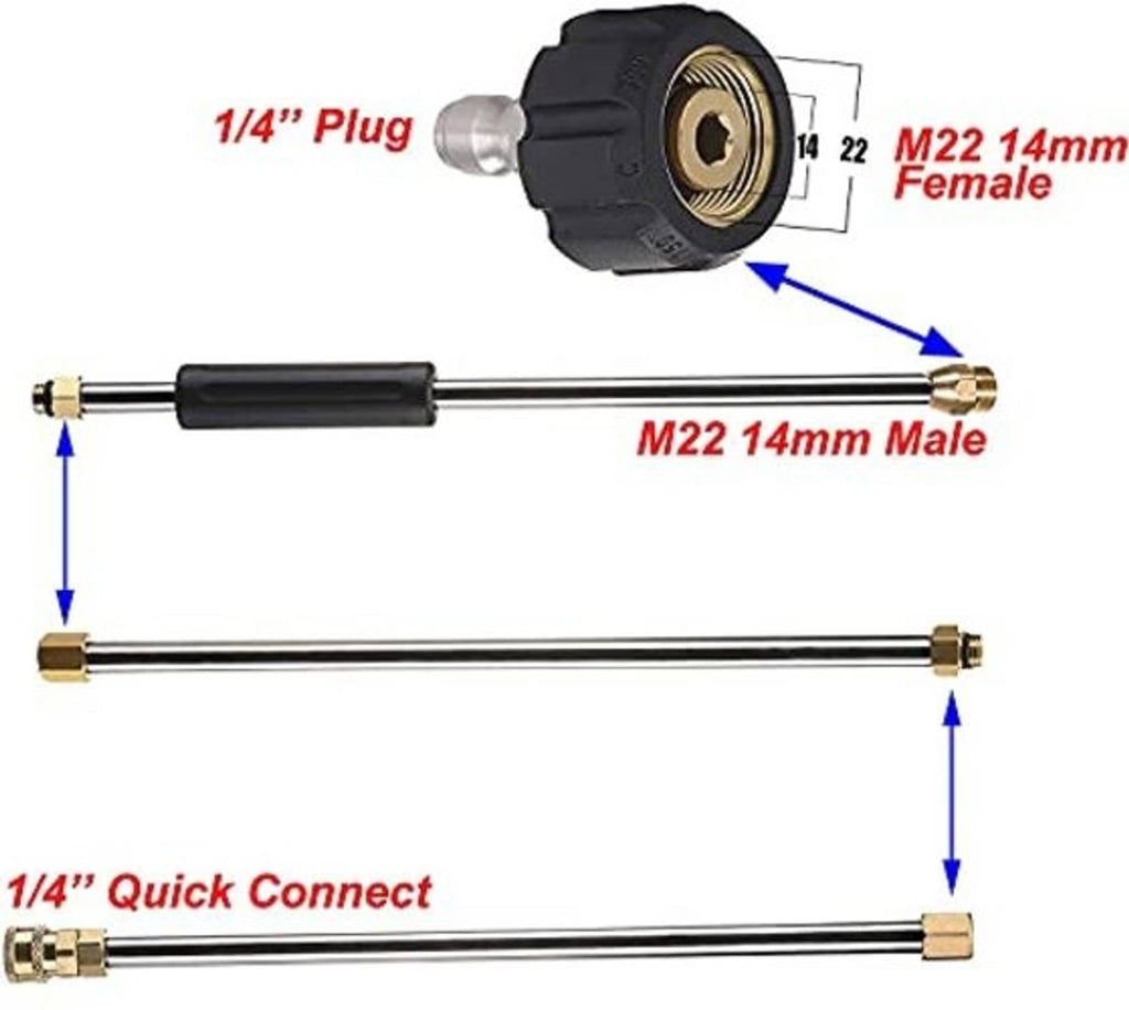 Pressure washer wand connectors with 1/4-inch plug and M22 male/female adapters
