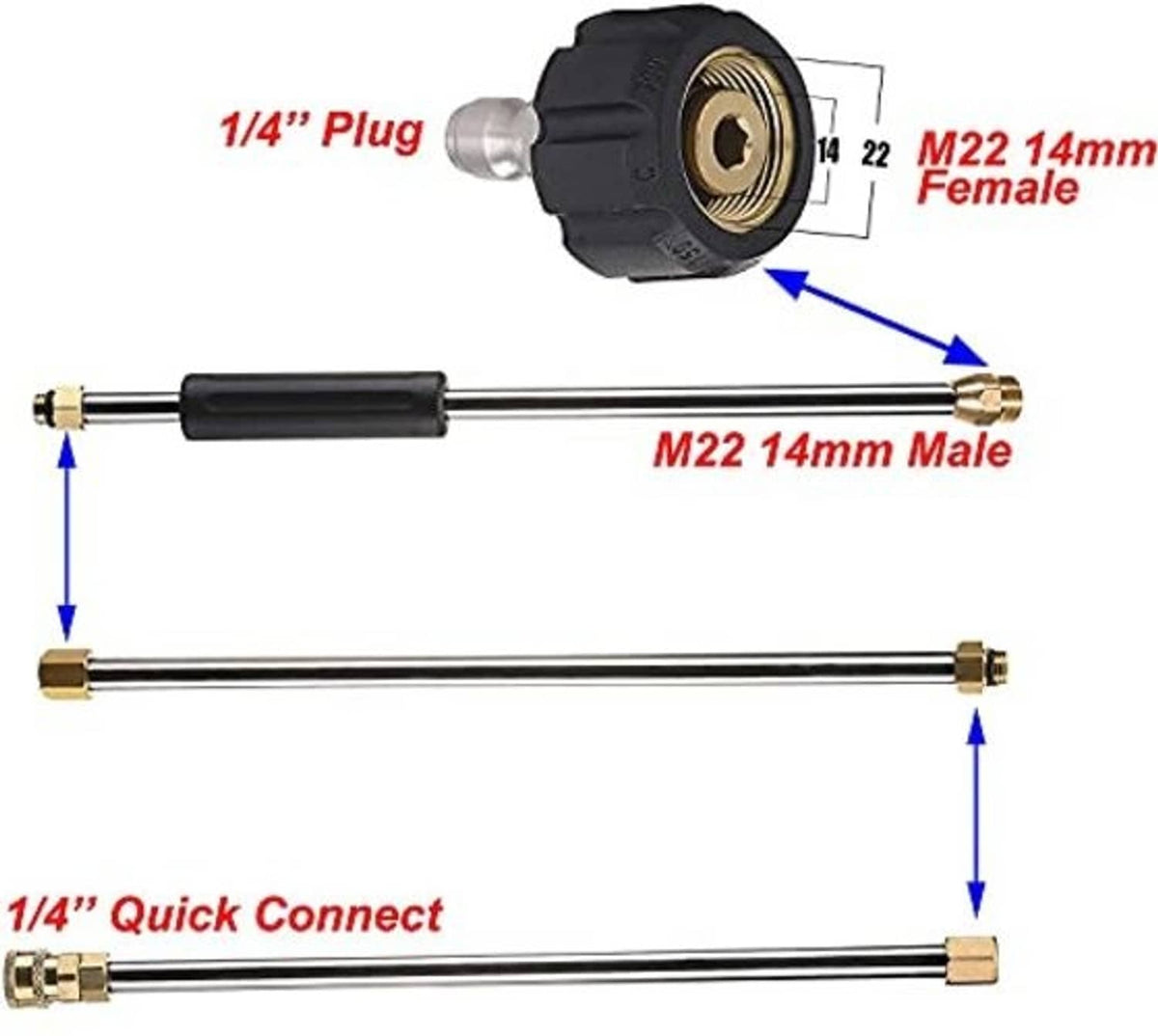 Pressure washer wand connectors with 1/4-inch plug and M22 male/female adapters