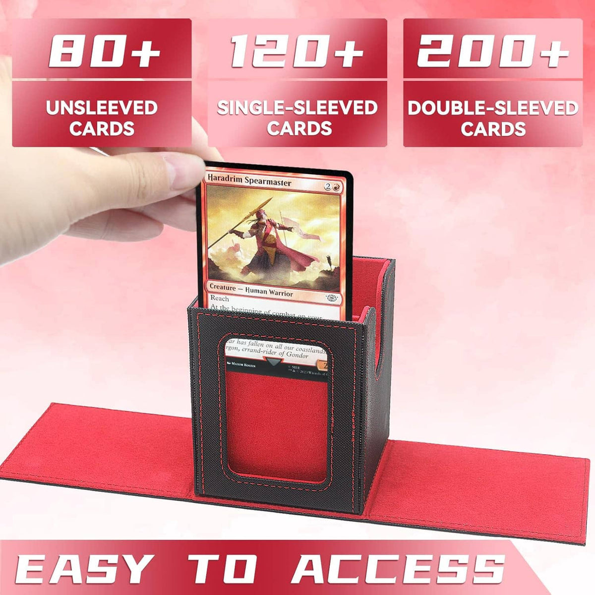 Magnetic card deck box holding sleeved cards, open front with card window and divider