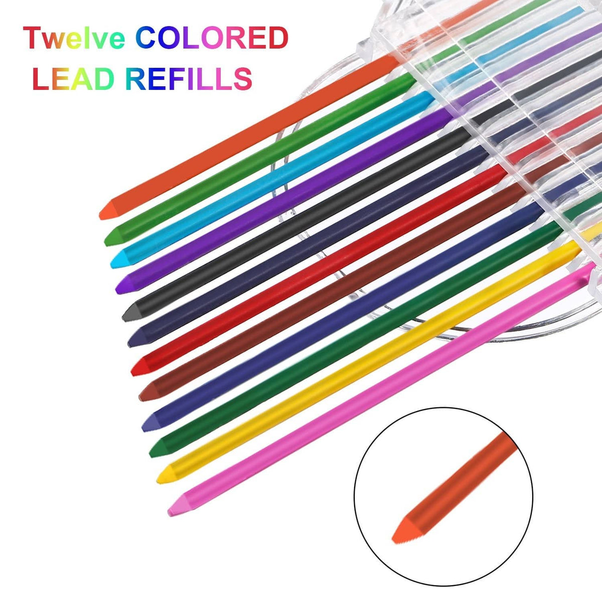 Twelve colored 2.0mm pencil lead refills in red, green, blue, purple, and yellow