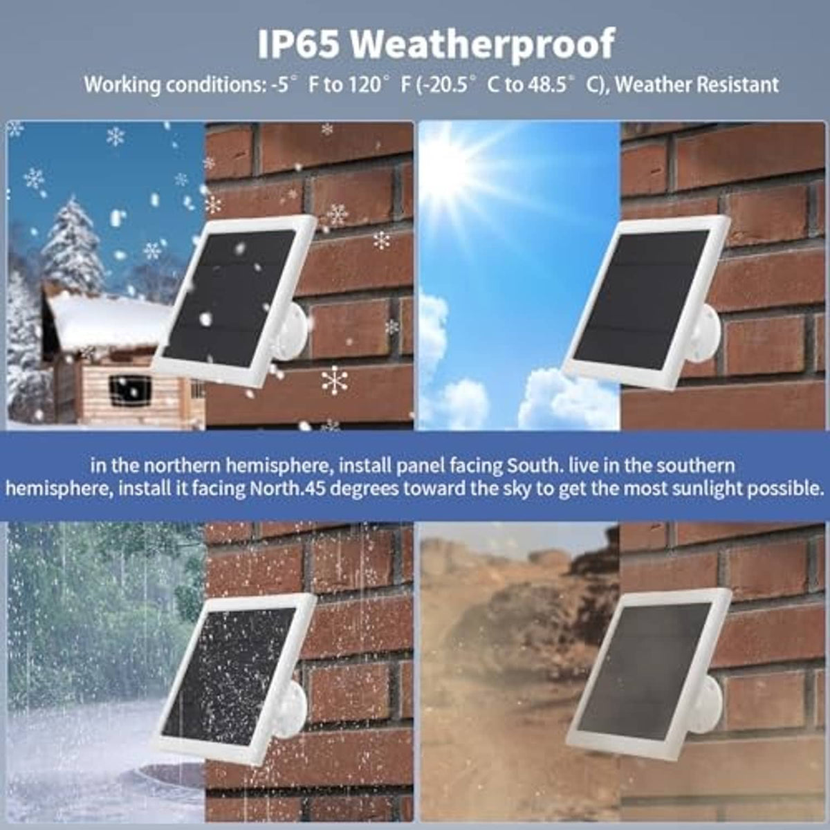 White weatherproof solar panel charger with black photovoltaic cells and wall mounting