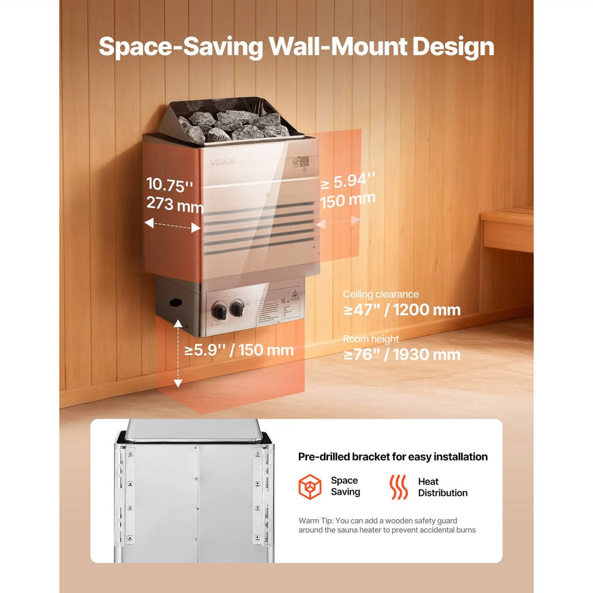 Wall-mounted stainless steel electric sauna heater with front control knobs and mounting bracket