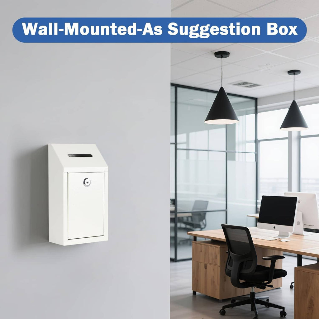 White wall-mounted cash drop box with front lock and deposit slot