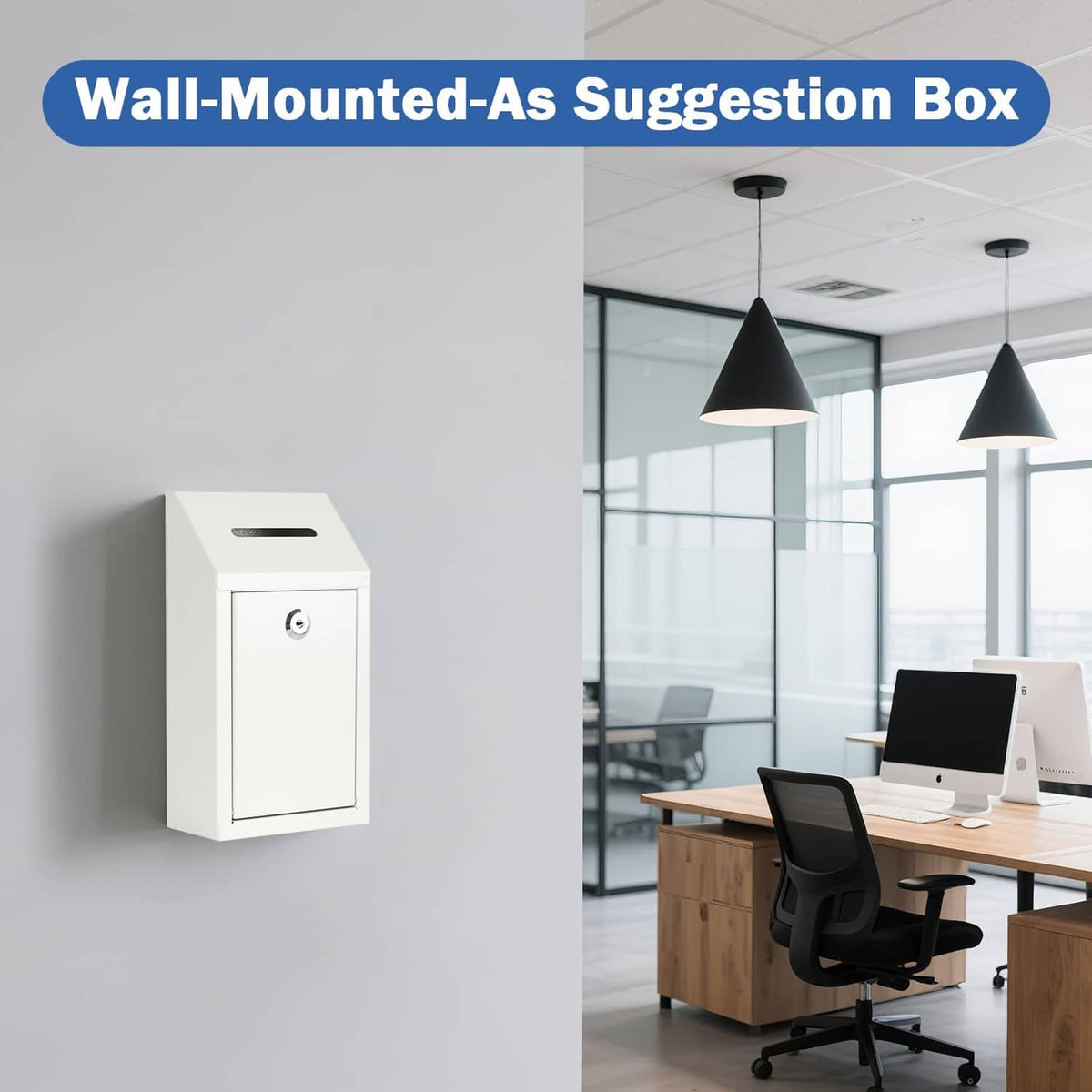 White wall-mounted cash drop box with front lock and deposit slot