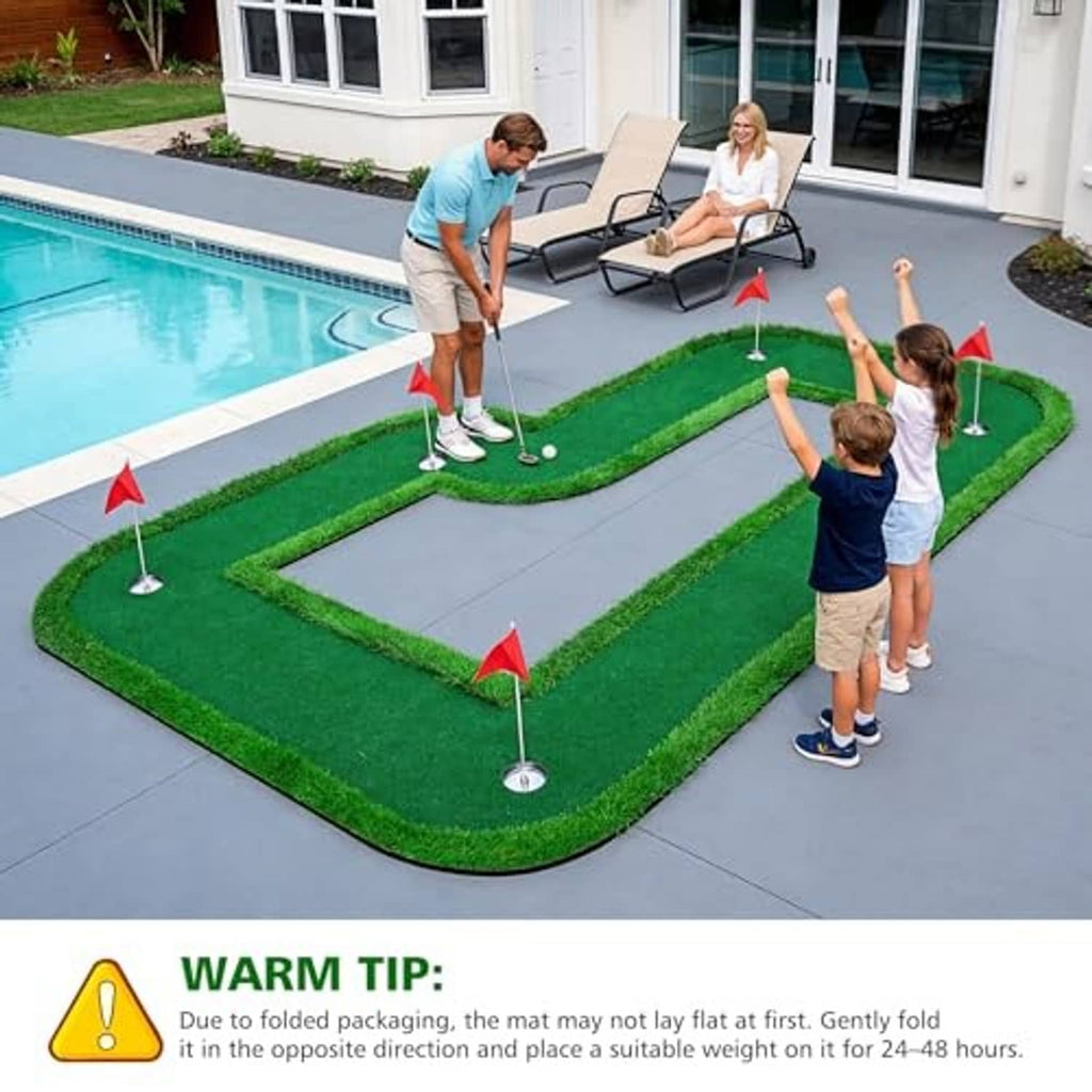 Outdoor putting green mat with red flag hole cups for family practice putts