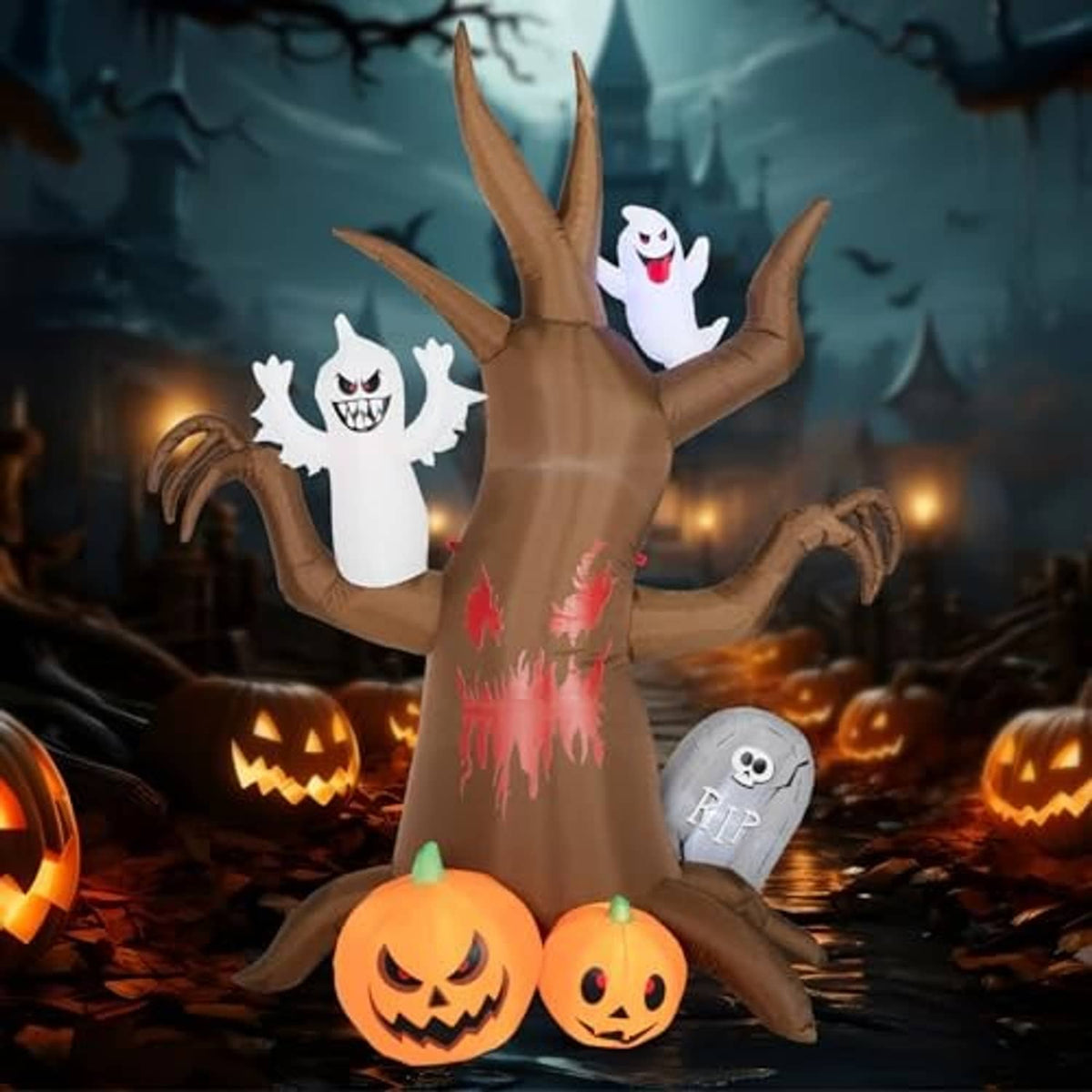Inflatable Halloween haunted tree decoration with hanging ghosts, tombstone, and pumpkins