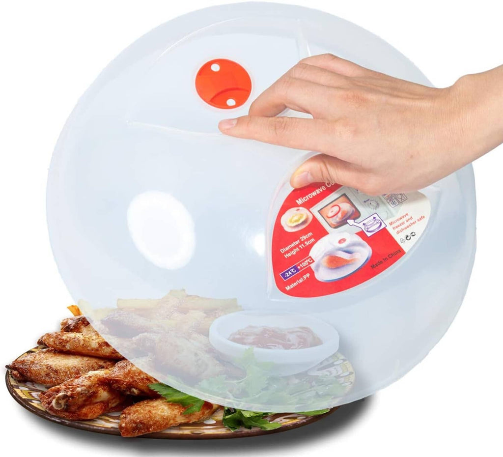 Round clear microwave splatter cover with red vent button and easy-grip handle