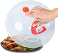 Round clear microwave splatter cover with red vent button and easy-grip handle