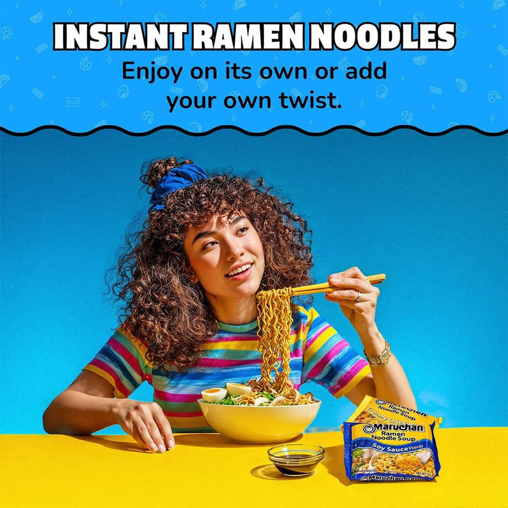 Maruchan soy sauce flavor ramen noodle soup with bowl and packet, instant meal