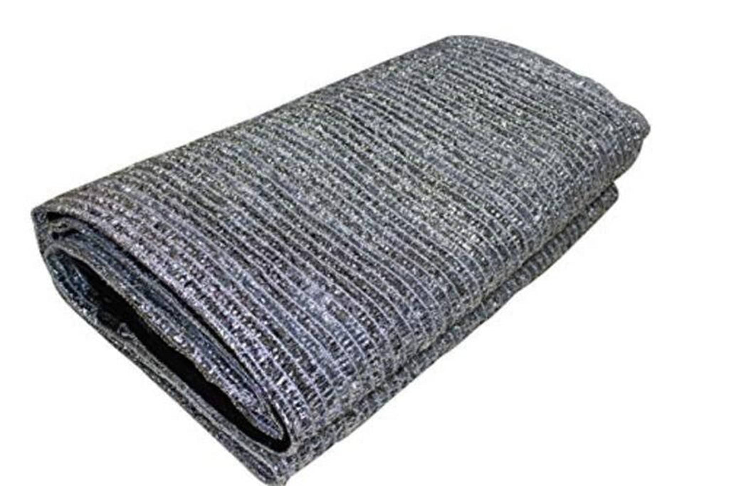 Rolled aluminum shade cloth panel, silver woven mesh with black edge