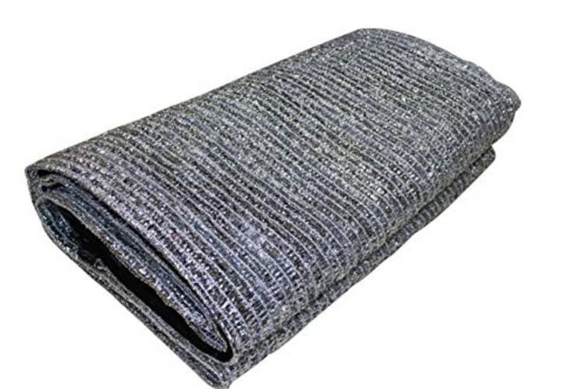 Rolled aluminum shade cloth panel, silver woven mesh with black edge