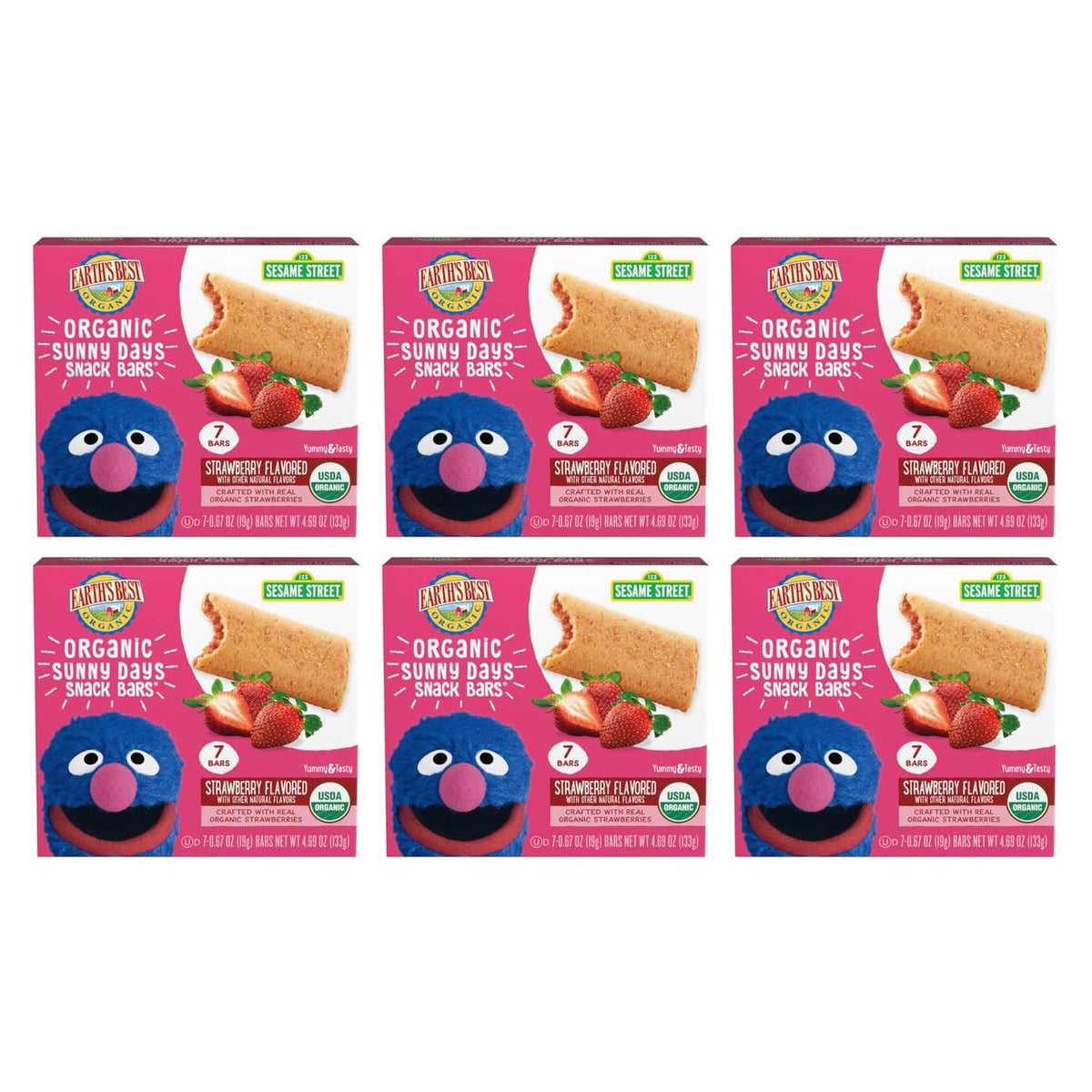 Six-pack boxes of organic toddler snack bars with Sesame Street character and strawberries