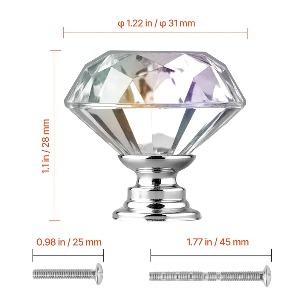 Clear acrylic diamond knob with chrome base; dimensions and screw sizes shown on white.