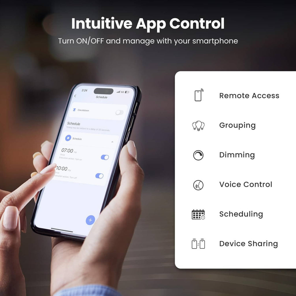 Smart WiFi bulb app control on smartphone with dimming, scheduling, and voice options