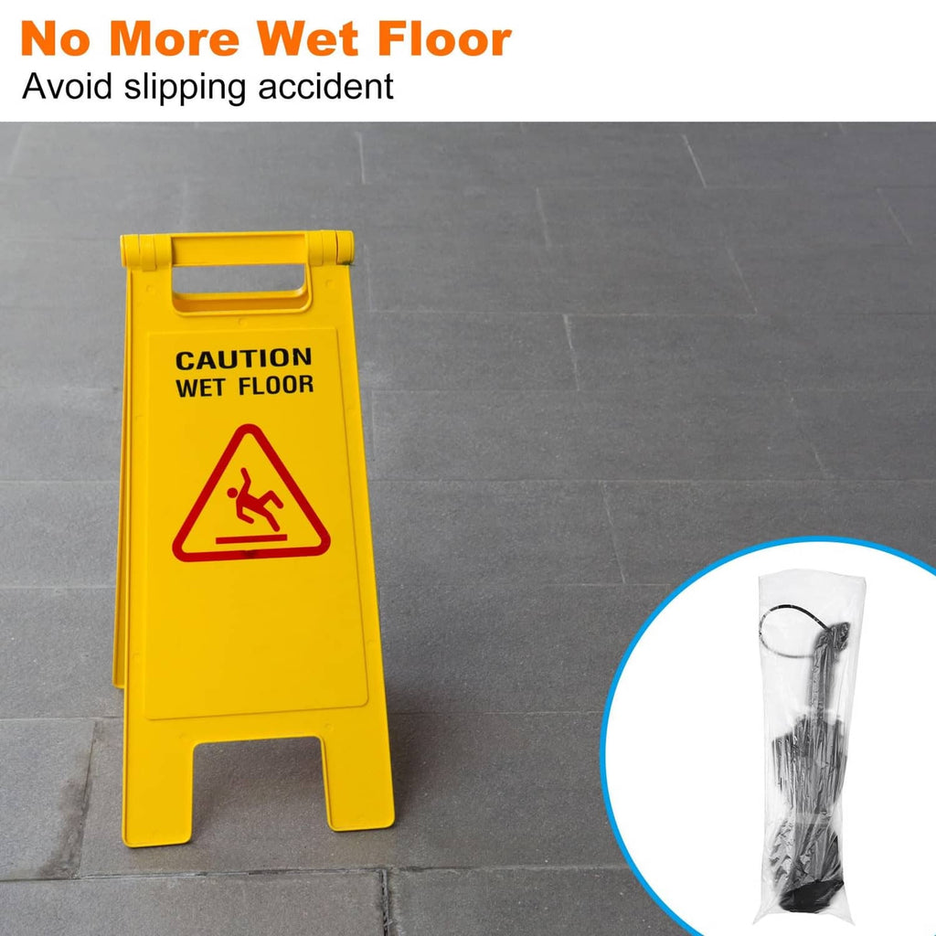 Clear disposable wet umbrella bag holding an umbrella