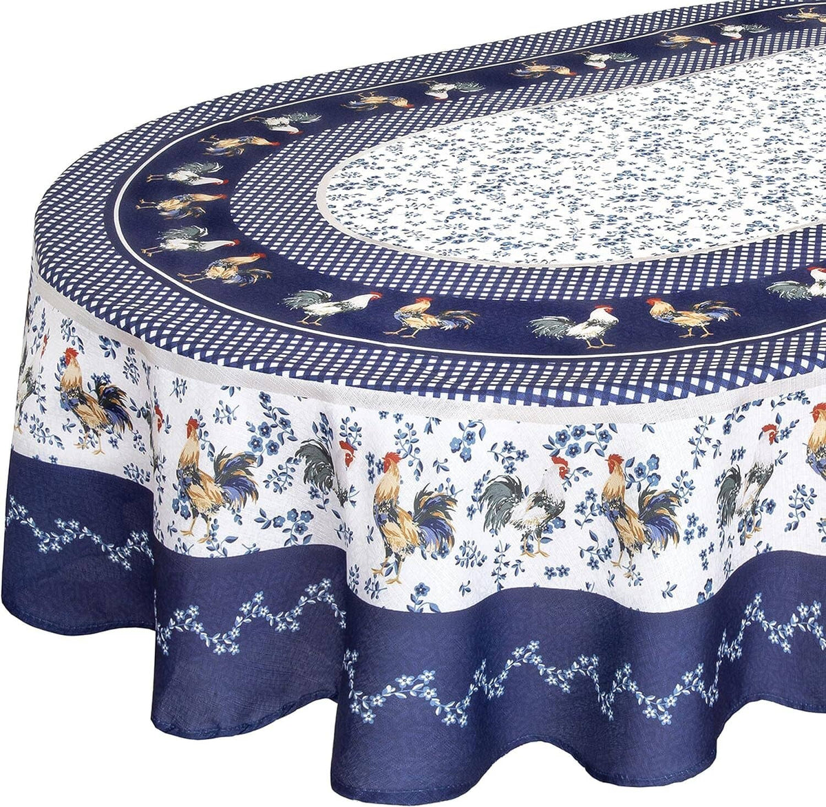 Blue and white oval tablecloth with rooster and animal scene, scalloped navy edge