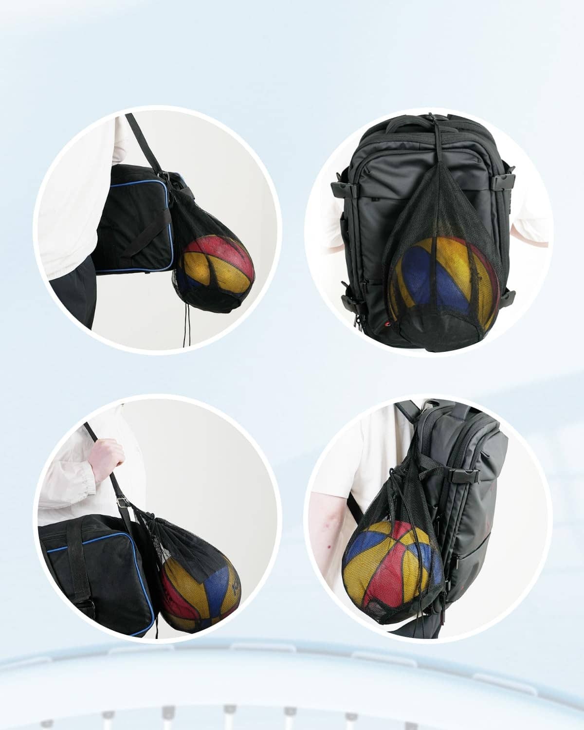 Black mesh drawstring ball bag with side zipper pocket and carabiner loop